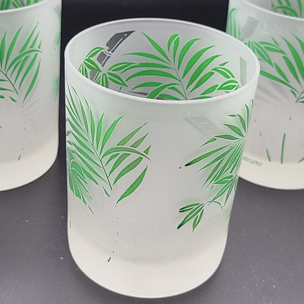 Tastesetter set (3) Bamboo Green Leaves Frosted Lowball Tumbler glasses vintage - Picture 5 of 7
